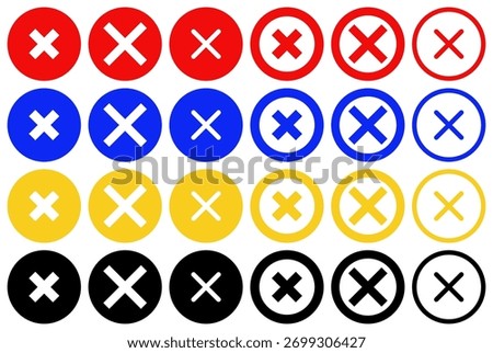 Vector icon set of cross mark (x mark) with fill and outline styles in red, blue, yellow and black with varying weights and line thickness for buttons alerts and error messages.