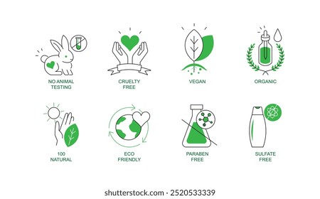 Conjunto de íconos de Vector para libre de crueldad, vegano, ecológico, orgánico y sin parabenos. Iconos que representan cosméticos éticos y productos sostenibles para el cuidado de la piel.