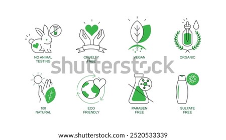 Vector icon set for Cruelty-Free, Vegan, Eco-Friendly, Organic, and Paraben-Free. Icons representing ethical cosmetics and sustainable skincare products.
