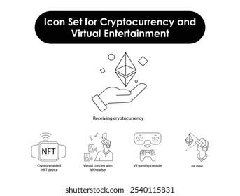 Vector Icon Set for Cryptocurrency and Virtual Entertainment: VR Gaming, NFTs, and AR Interaction.