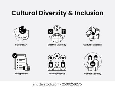 Conjunto de íconos de Vector para la inclusión de la diversidad cultural. Ilustra arte cultural, diversidad externa, diversidad cultural, aceptación, sociedad heterogénea e íconos de igualdad de género en un estilo minimalista