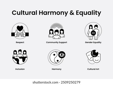 Conjunto de íconos de Vector para la Armonía Cultural e Igualdad. Incluye respeto, Asistencia comunitaria, igualdad de género, inclusión, armonía e íconos del arte cultural en un diseño limpio en blanco y negro.