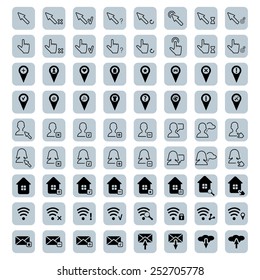Vector icon set of cursors, map pins, avatars and web related technology