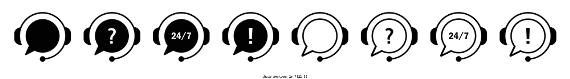 Vector icon set of customer support headsets with chat bubbles, question marks, alerts, and 24 7 service. Perfect for call center, helpdesk, FAQ, support, and online service concepts.