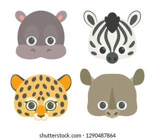 Vector icon set of cute African animals: rhinoceros, zebra, leopard and hippopotamus. Collection of cute animal masks for children.
