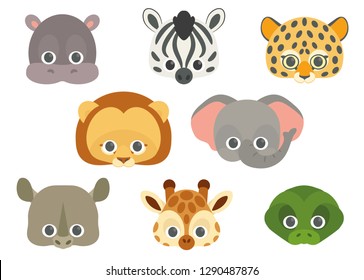 Vector icon set of cute African animals: lion, crocodile, elephant, rhinoceros, giraffe, zebra, leopard and hippopotamus. Collection of cute animal masks for children.