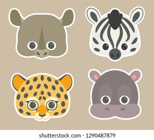 Vector icon set of cute African animals: rhinoceros, zebra, leopard and hippopotamus. Collection of cute animal masks for children.