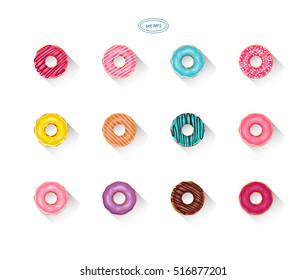 Vector icon set. Cute donuts with long shadow. Yummy cookie sweets, food or candy. Flat lay style. Sweets with colored glaze, festive pink, blue, caramel, lemon, chocolate, berry donuts