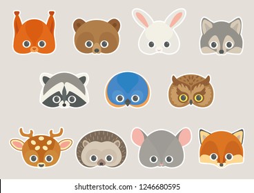 Vector icon set of cute forest animals: squirrel, brown bear, white hare or rabbit, wolf, raccoon, bird (eastern bluebird), owl, spotted deer, hedgehog, mouse and fox. Animal masks for children.