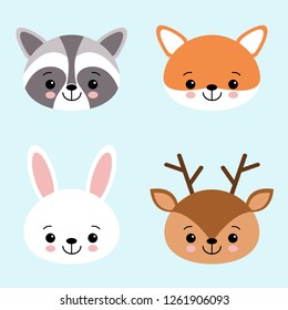 Vector icon set of cute forest animals white hare or rabbit, raccoon, deer and fox.