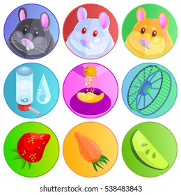 Vector icon set, cute hamster pet game