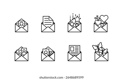 Vector icon set of cute mail envelopes. black and white icon vector PNG outline.