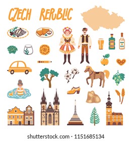 Vector icon set of Czech Republic's symbols. Travel illustration with Czech landmarks, people, food and symbols. 