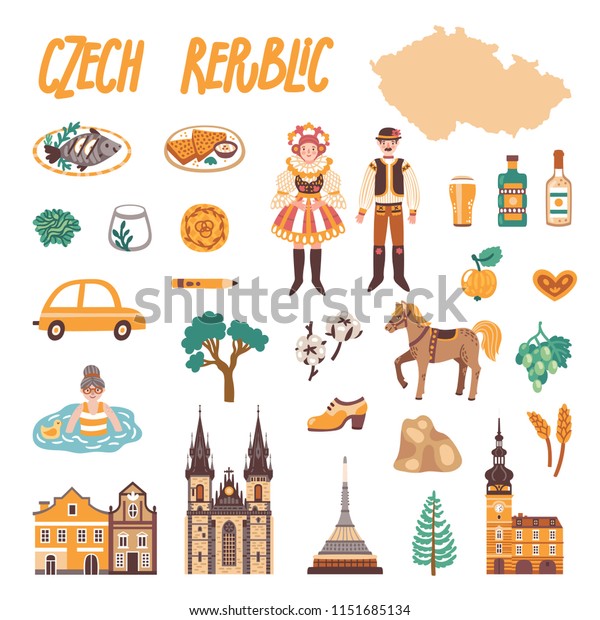 チェコ共和国の記号のベクター画像アイコンセット チェコのランドマーク 人 食べ物 シンボルを含む旅行イラスト のベクター画像素材 ロイヤリティフリー