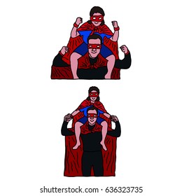 Vector icon set of dad and son in superhero costume
