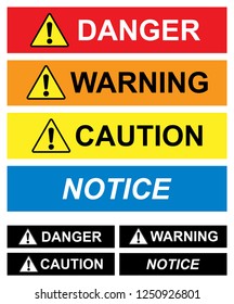 Vector icon set of danger/warning/caution/notice labels. All objects and details are isolated, grouped and easy to customize