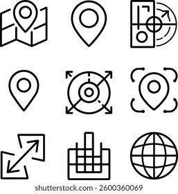 Vector icon set depicting diverse web symbols for business, media, and communication , Icon Collection Navigation and Location Symbols for Maps and Directions