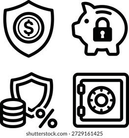 Conjunto de iconos de Vector que representa la seguridad financiera, el ahorro de dinero y la protección de la inversión, adecuado para diversas aplicaciones digitales e impresas en los negocios y la banca.