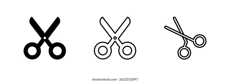 Vector icon set depicting scissors, suitable for crafting and cutting designs.