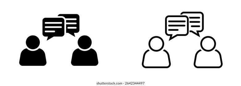 Vector icon set depicting two human figures communicating with speech bubbles, shown in both solid glyph and outline styles, symbolizing dialogue, messaging, and interpersonal interaction