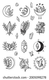 Vector icon set design template in trendy linear minimal style -  moon and magic crystal - abstract symbol