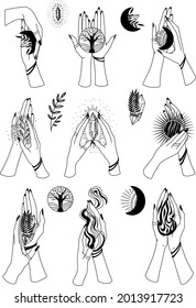 Vector icon set design template in trendy linear minimal style -  witch hand aesthetics - abstract symbol