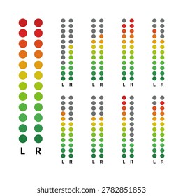 Vector icon set of diagonal dot-style audio level meters showing L and R stereo channel indicators in multiple playback states, rendered in a green-to-red gradient.