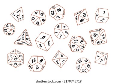 Vector icon set of dice for boardgames such as DND and RPG in doodle style svg