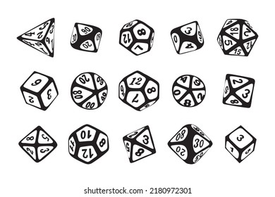Vector icon set of dice for boardgames such as DND and RPG in doodle style black-white colors svg