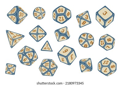Vector icon set of dice for boardgames such as DND and RPG in doodle style retro color svg