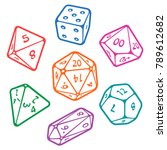 Vector icon set of dice for fantasy dnd and rpg tabletop games. Board game polyhedral dices with different sides: d4, d6, d8, d10, d12, d20 isolated on white background