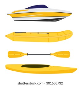 Vector icon set of different boats. Yellow inflatable rubber boat, canoe with oar and luxury yacht