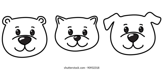 vector icon set of different cute animal faces smiling like dog cat bear