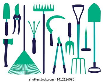 Vector icon set with different gardening tools icons like shovel, ax, rake, scythe or dung fork
