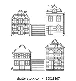Vector icon set with different houses with garage. Vector outline building background. Great for coloring book or other design.