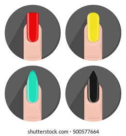Vector icon set of different nails shape, manicure style. Beauty spa salon illustration with colorful fingernails for women and girls