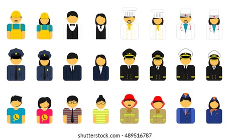 Vector icon set of different professions, such as policeman, businessman, doctor, teacher, pilot and other.