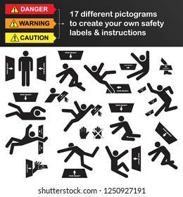 Vector icon set of different safety/danger/warning/caution pictograms. All objects and details are isolated, grouped and easy to customize