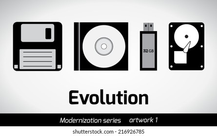 vector icon set of different storage and computer devices. Floppy. Disc 