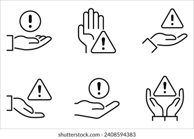 vector icon set of disclaimer symbol, hand with exclamation mark on white background