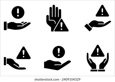 Vektorsymbol-Set mit Haftungsausschluss, Hand mit Ausrufezeichen auf weißem Hintergrund