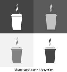 Vector icon set of a disposable cup of coffee. A stale coffee drink in the dishes. Vector white icon on  white-grey-black color