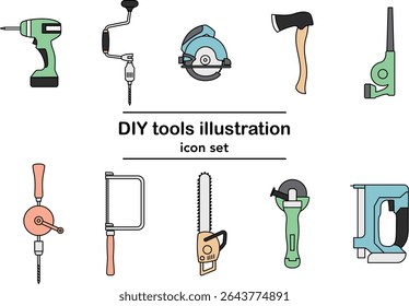 Vector icon set of DIY tools including drill, saw, chainsaw, grinder, blower, stapler, axe, and hand tools on white background