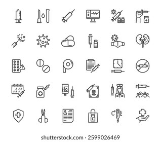 Vector icon set of doctor syringe and related things, hospital medical and nurse pill concept ,48x48 pixel perfect editable stroke line for website, mobile app, ux, ui design transparent background