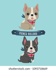 vector Icon set of dogs breed French Bulldog. Stock illustration Frenchie Puppies are beige and black color. Text on the Ribbon: French Bulldog.