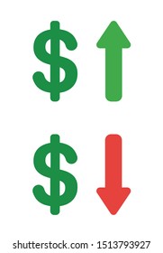 Vector icon set of dollar up and down. Flat color style.