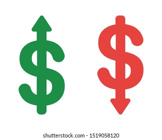 Ícone de vetor conjunto de símbolos de dólar com seta se movendo para cima e para baixo. Estilo de cor plana.