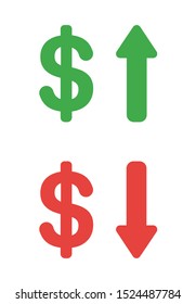 Vector icon set of dollar symbols with arrow moving up and down. Flat color style. 