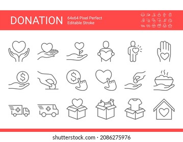 Vector icon set of donation. Collection of volunteering related symbols. Editable vector stroke. Pixel perfect.