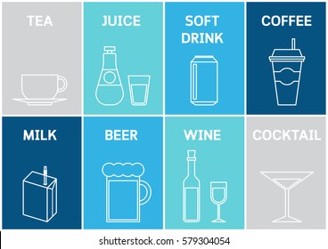 Vector icon set of drinks and beverages in variety of glasses and cups on color background.